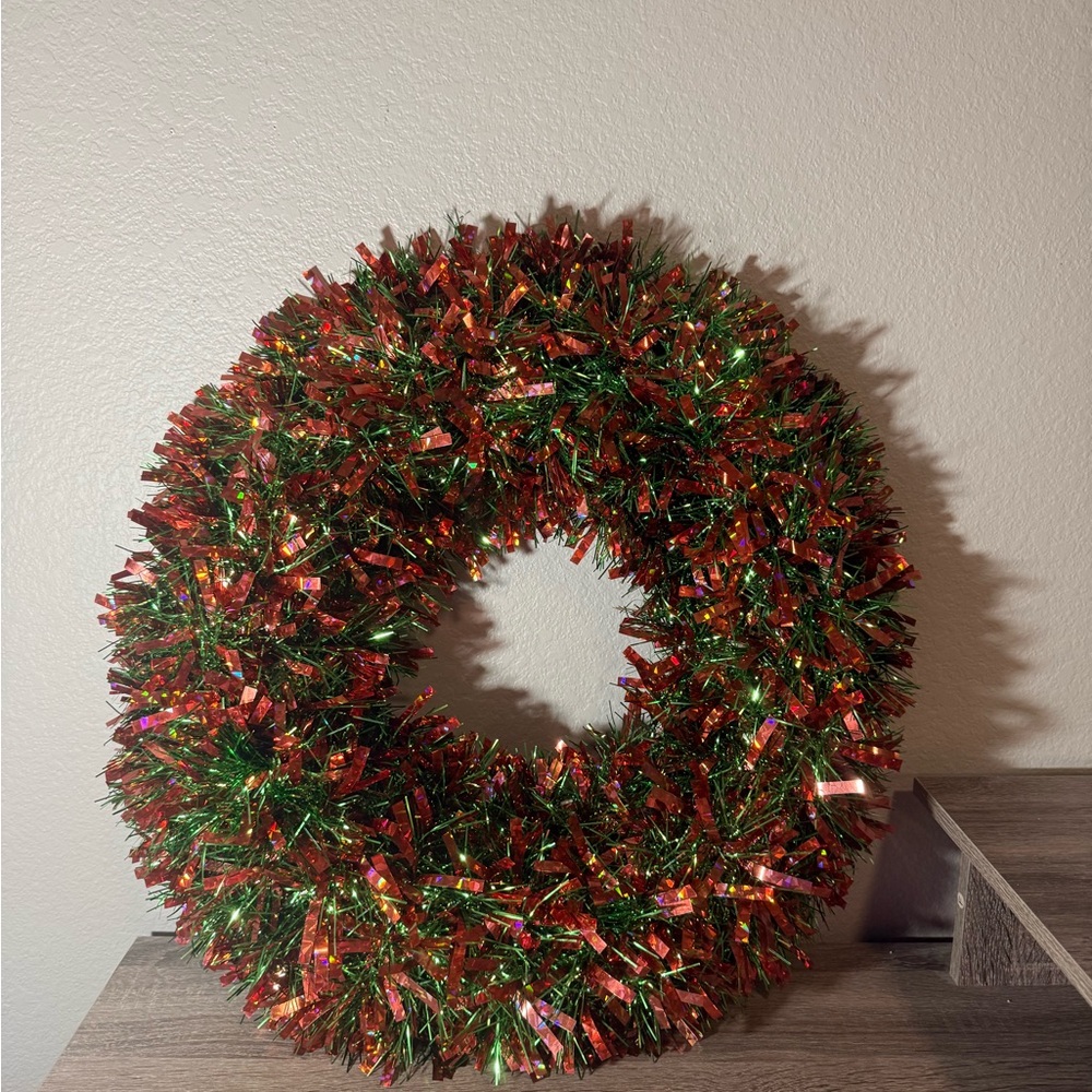 Festive Green and Red Tinsel Wreath